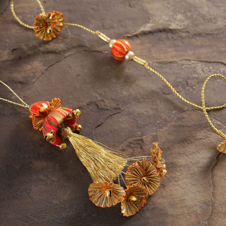 Handmade Beaded Jhilmil Gota And Zari Bhaiya Bhabhi Rakhi With Roli Chawal Set Of 2 - Close-up Detail View