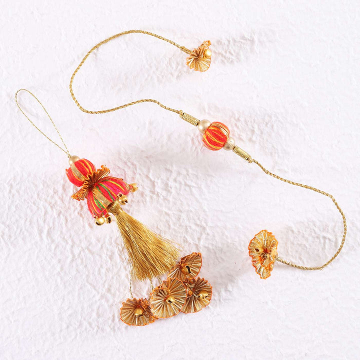 Handmade Beaded Jhilmil Gota And Zari Bhaiya Bhabhi Rakhi With Roli Chawal Set Of 2 - Flat Lay on White Background