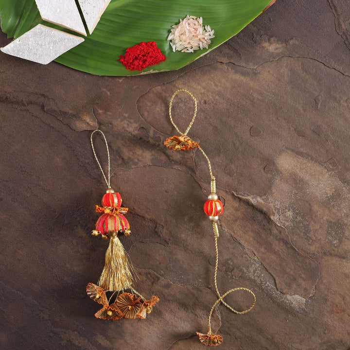 Handmade Beaded Jhilmil Gota And Zari Bhaiya Bhabhi Rakhi With Roli Chawal Set Of 2 - Full Product Top View with Props