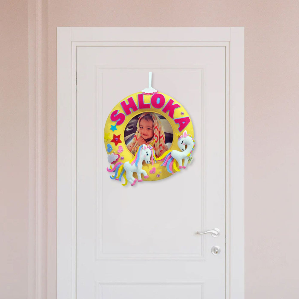Personalized Kids Unicorn Theme Felt Photo Nameplate - Hanging on Door Front View