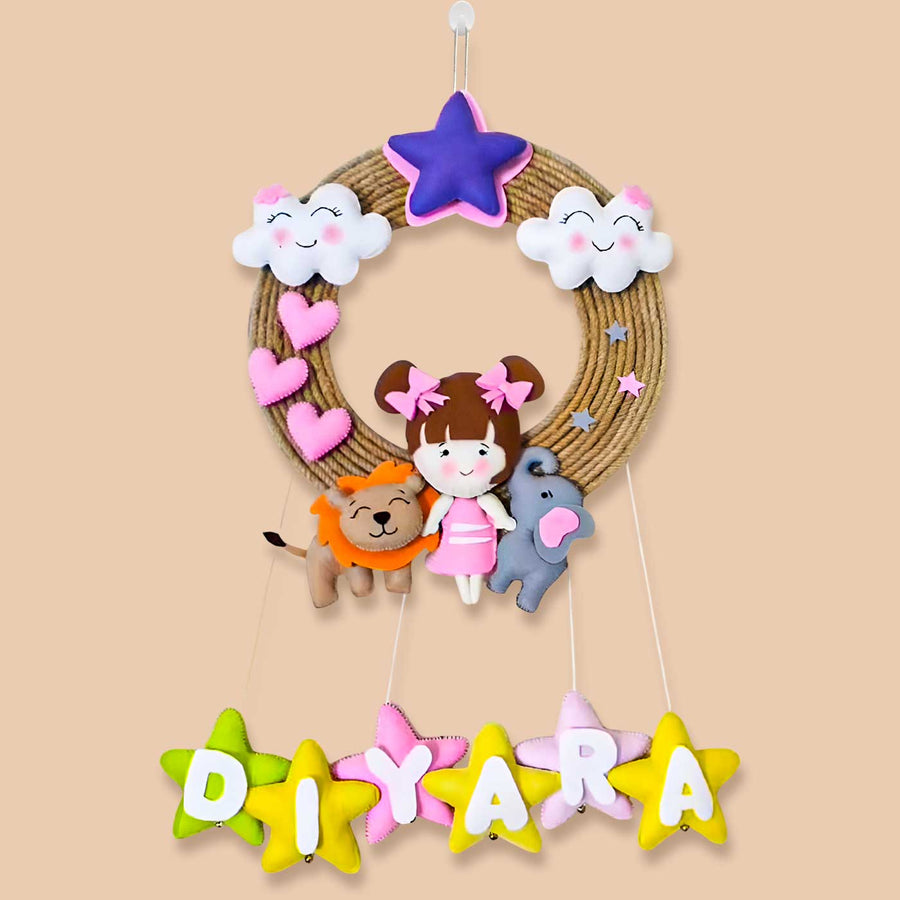 Personalized Lion And Elephant Theme Felt Kids Name Plate - Front View Hanging on Hook