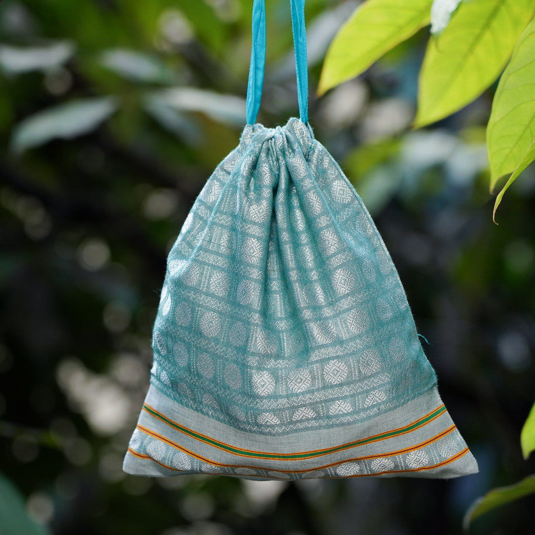 Handmade Blue Khunn Fabric Cotton Thamboolam Potli