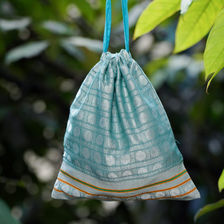 Handmade Blue Khunn Fabric Cotton Thamboolam Potli