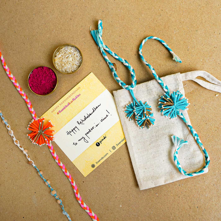 Reusable Beaded Orange Flower Rakhi With Roli Chawal - Bracelets with Gift Packaging and Card