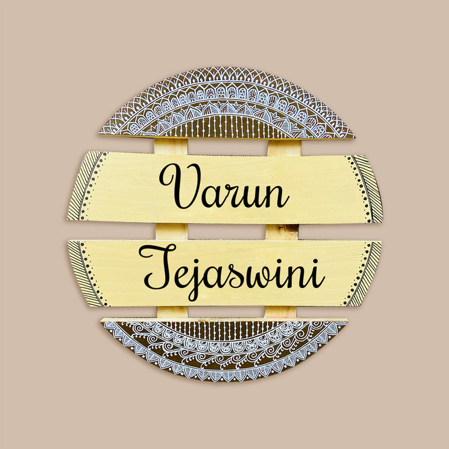 Handcrafted Personalized Mandala Round Pinewood Name Plate 2 - Name Personalization Example
