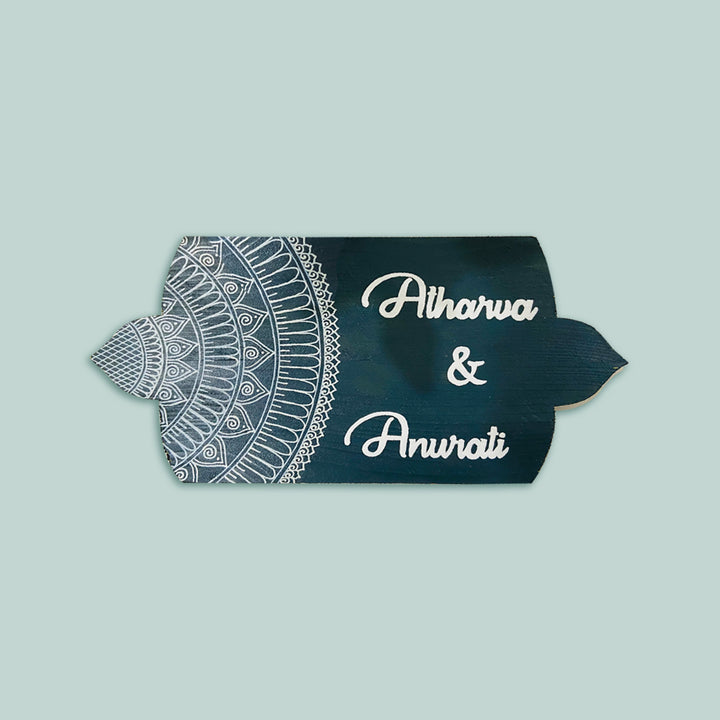 Handcrafted Personalized Mandala Round Pinewood Name Plate 1 - Front View with Name Personalization