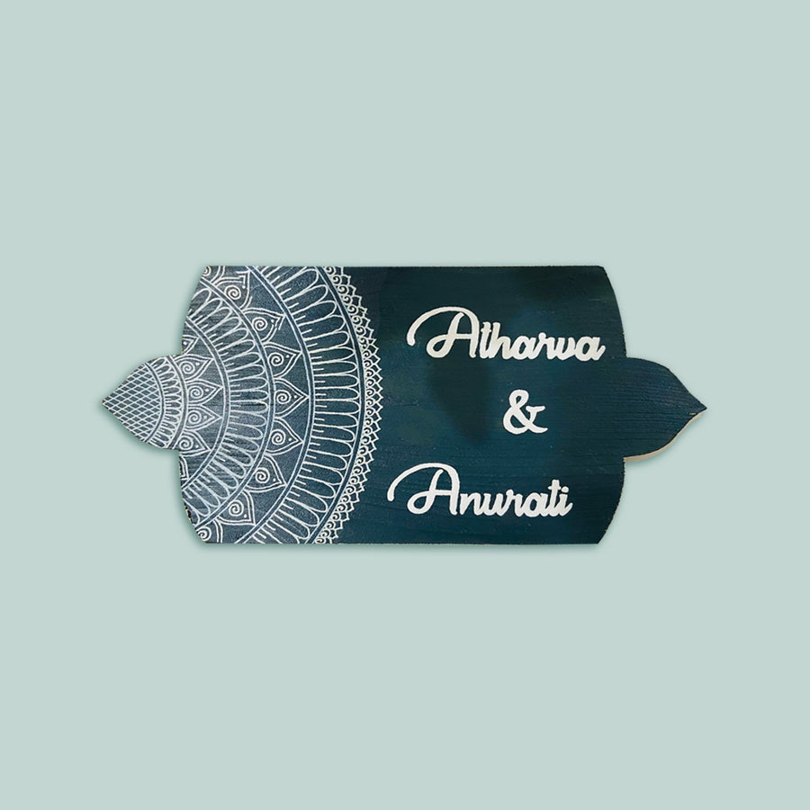 Handcrafted Personalized Mandala Round Pinewood Name Plate 1 - Front View with Name Personalization