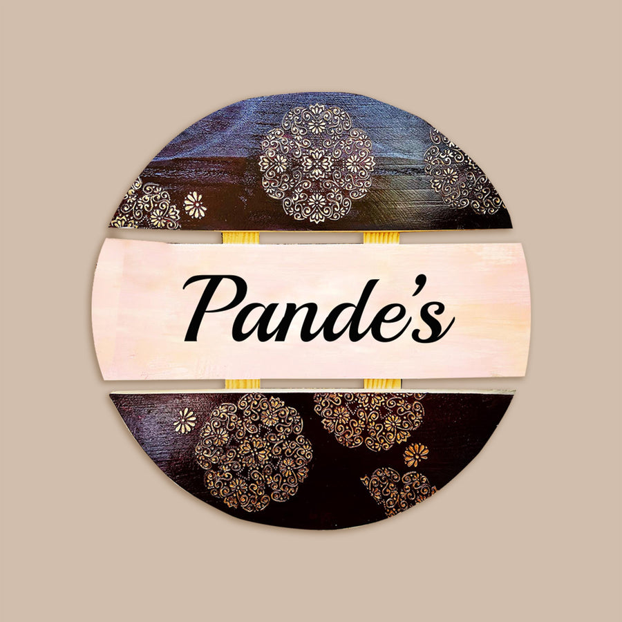 Handcrafted Personalized Round Pinewood Textured Name Plate - Front View with Name Personalization