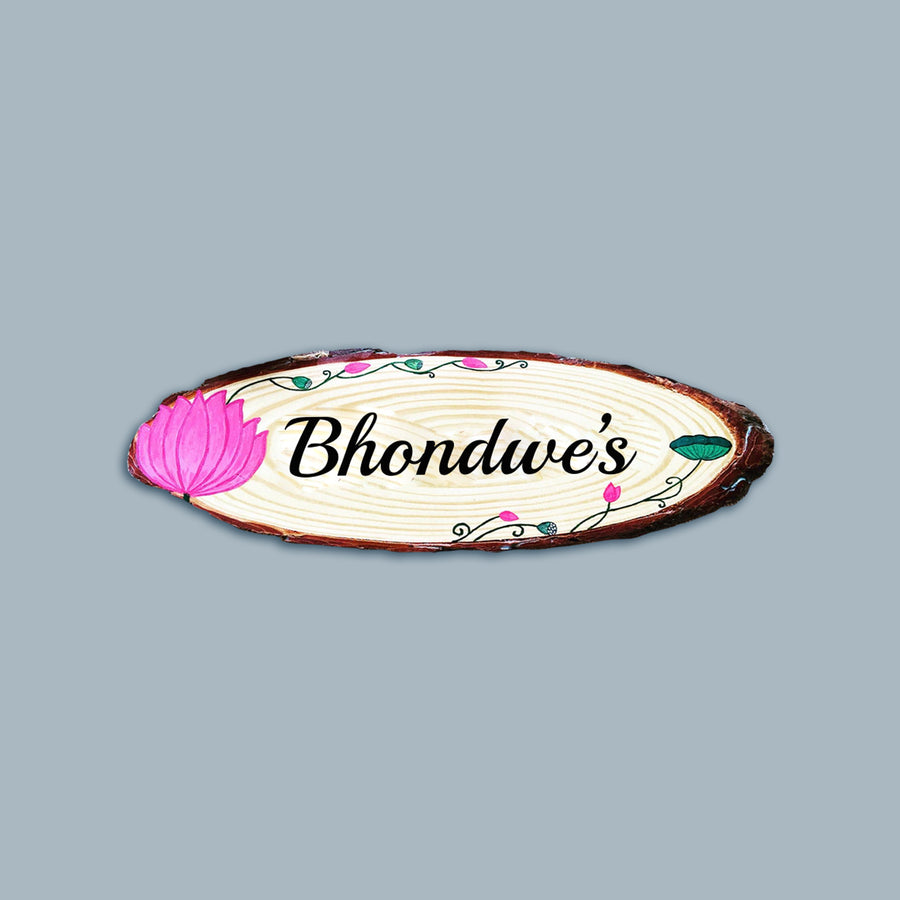 Handcrafted Personalized Lotus Oval Pinewood Name Plate - Front View on Neutral Background