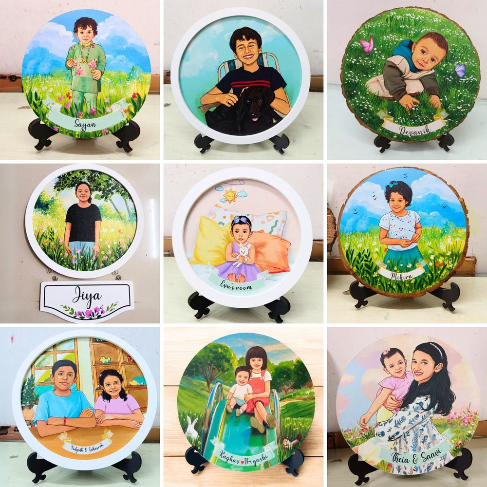 Photo Caricature Name Plate With Stand 11 For Siblings - Frontal View with Name Personalization