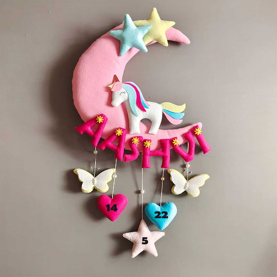 Hand Stitched Unicorn Themed Felt Moon Nameplate With Birthdate - Front View Hanging on Wall