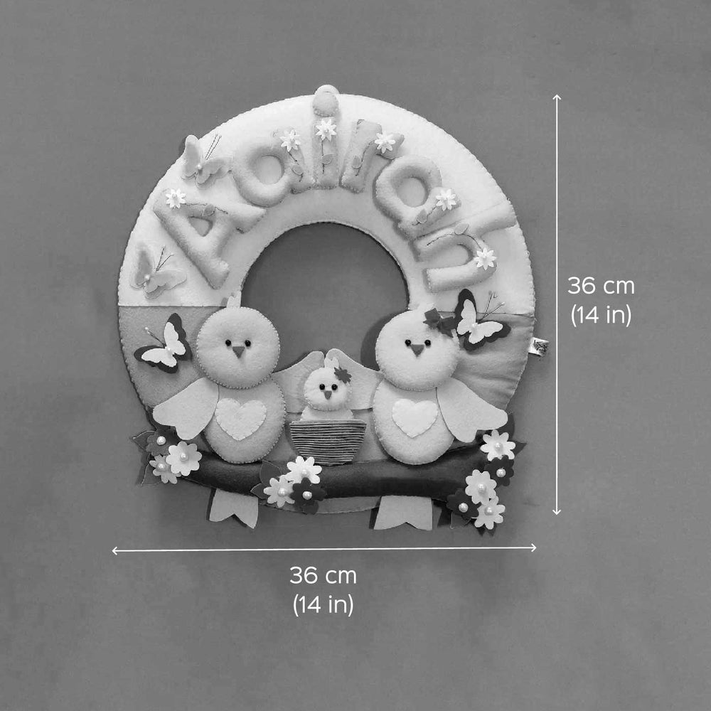 Hand Stitched Cute Bird Family Themed Round Felt Kids Name Plate For Baby Girl - Dimension Chart with Front View