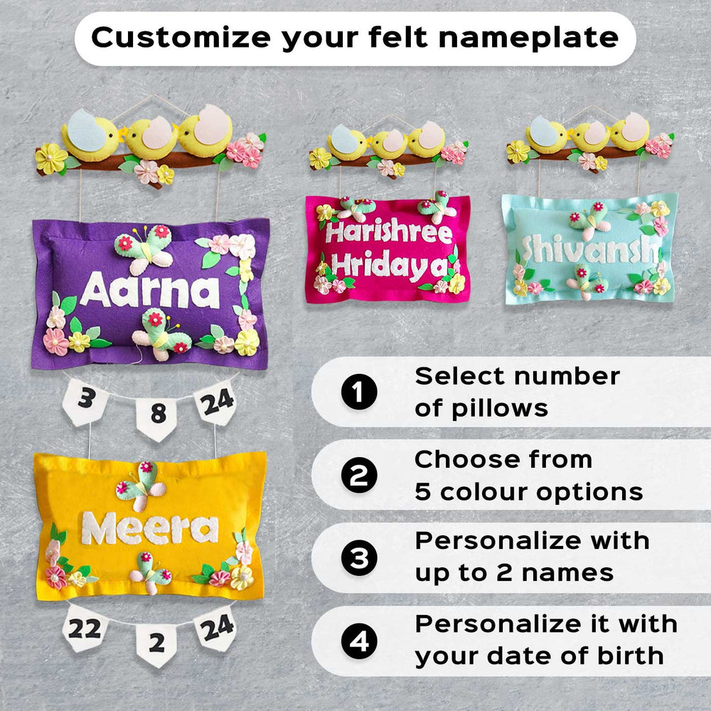 Hand Stitched Bird Themed Felt Kids Name Plate 1 - Multiple Personalized Pillow Examples Display