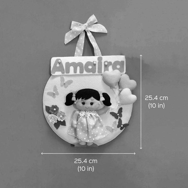 Hand Stitched Butterfly Balloon Themed Round Felt Kids Name Plate For Girls - Front View with Dimensions