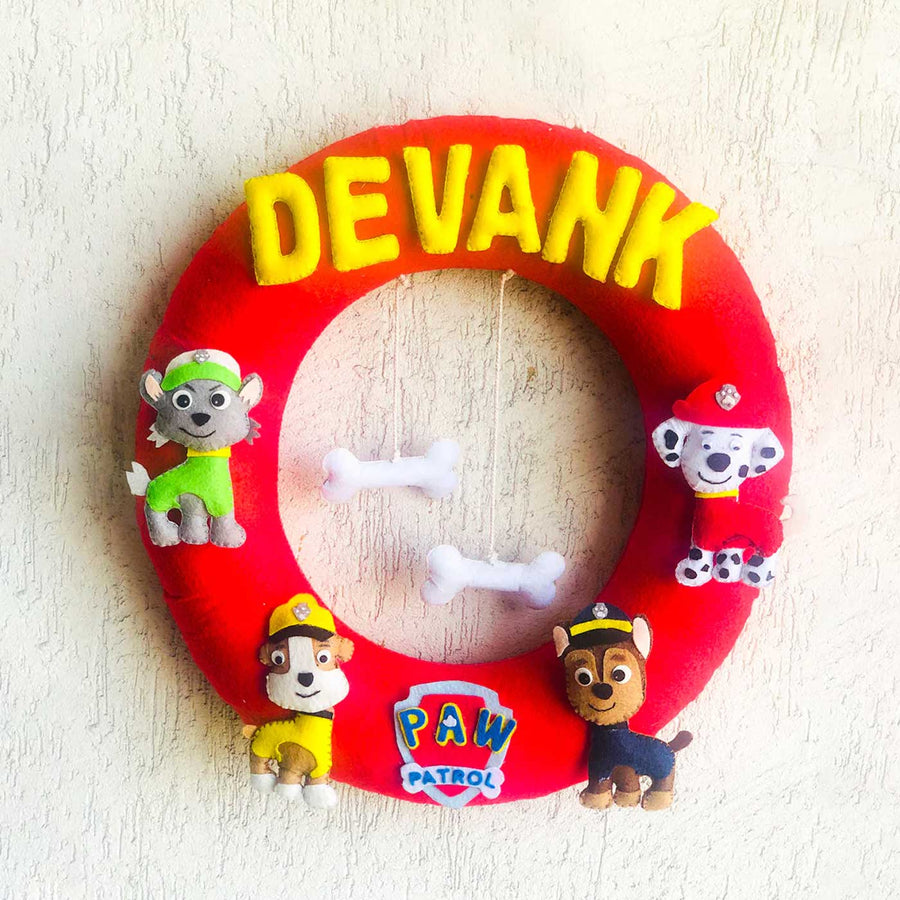 Handmade Personalized Paw Patrol Themed Felt Kids Name Hanging - Front View with Name Personalization