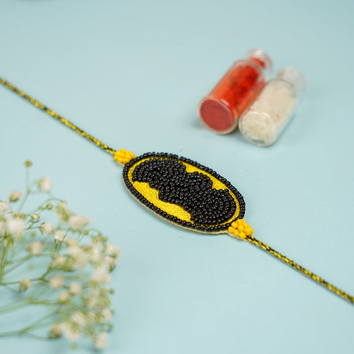 Handmade Beaded Batman Theme Rakhi With Roli Chawal For Brother - Rakhi with Roli Chawal Detail