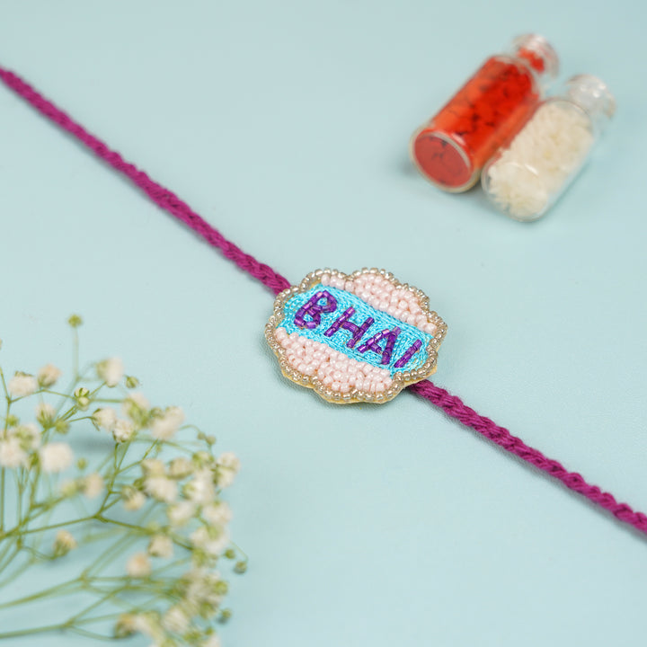 Customized Handmade Beaded Bhai Rakhi With Roli Chawal For Brother - Rakhi with Roli Chawal set