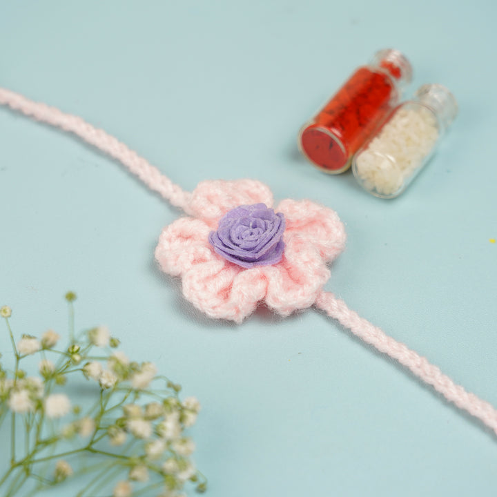 Handmade Crochet Blush Bloom Rakhi With Roli Chawal - Pink Purple Flower Rakhi with Roli Chawal