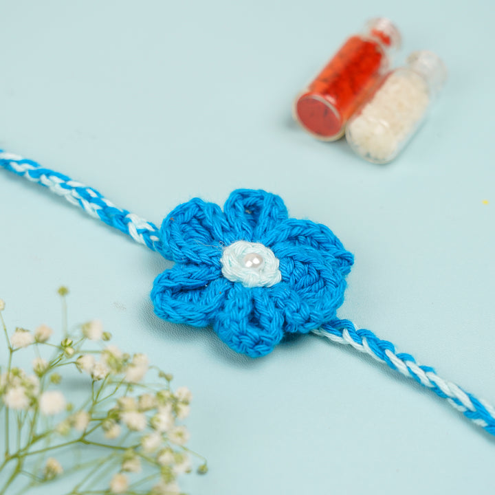 Customized Handmade Crochet Rubi Petal Floral Bhaiya Bhabhi Rakhi With Roli Chawal - Red flower with beads detail