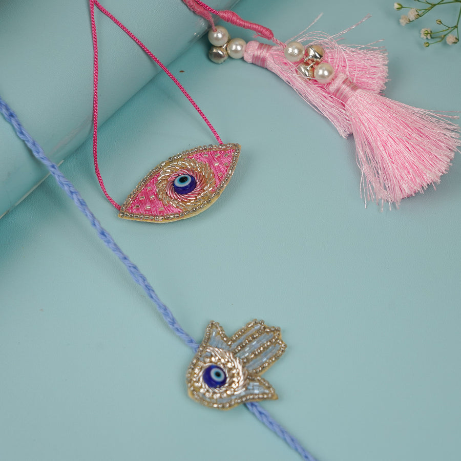 Handmade Beaded Evil Eye Bhaiya Bhabhi Rakhi With Roli Chawal - Pair of Charms Close-up