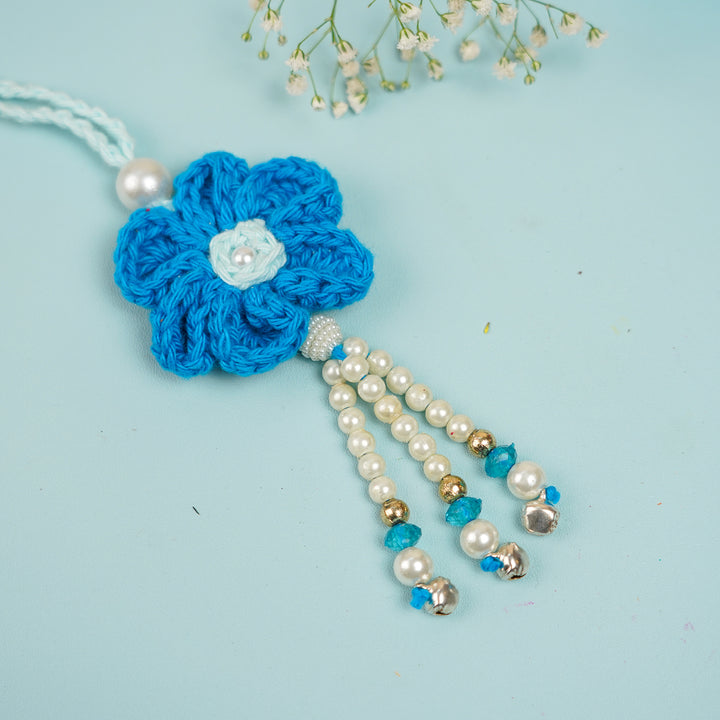 Customized Handmade Crochet Rubi Petal Floral Rakhi With Roli Chawal For Brother - Detailed Close-up Front View (7)