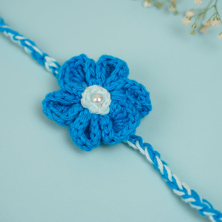 Customized Handmade Crochet Rubi Petal Floral Bhaiya Bhabhi Rakhi With Roli Chawal - Blue flower bracelet with beads