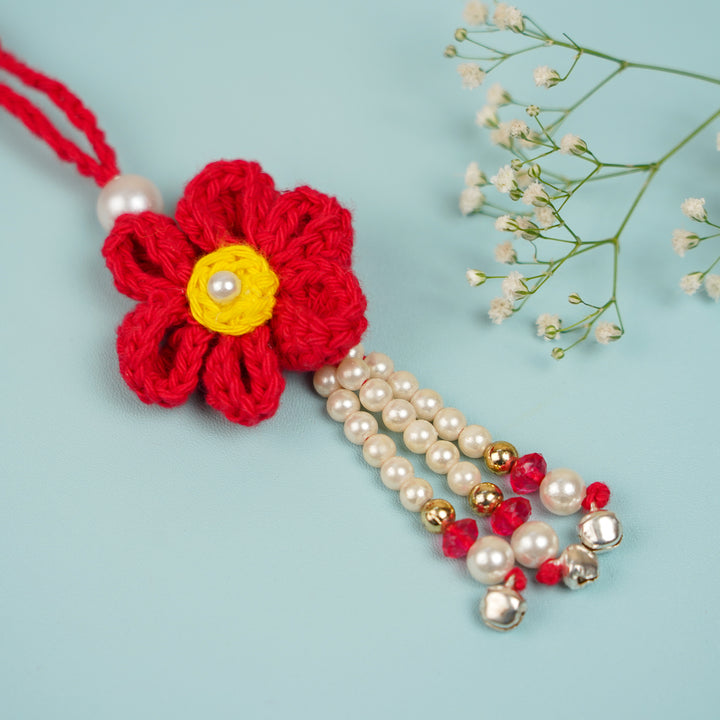 Customized Handmade Crochet Rubi Petal Floral Rakhi With Roli Chawal For Brother - Angled Product Placement (8)