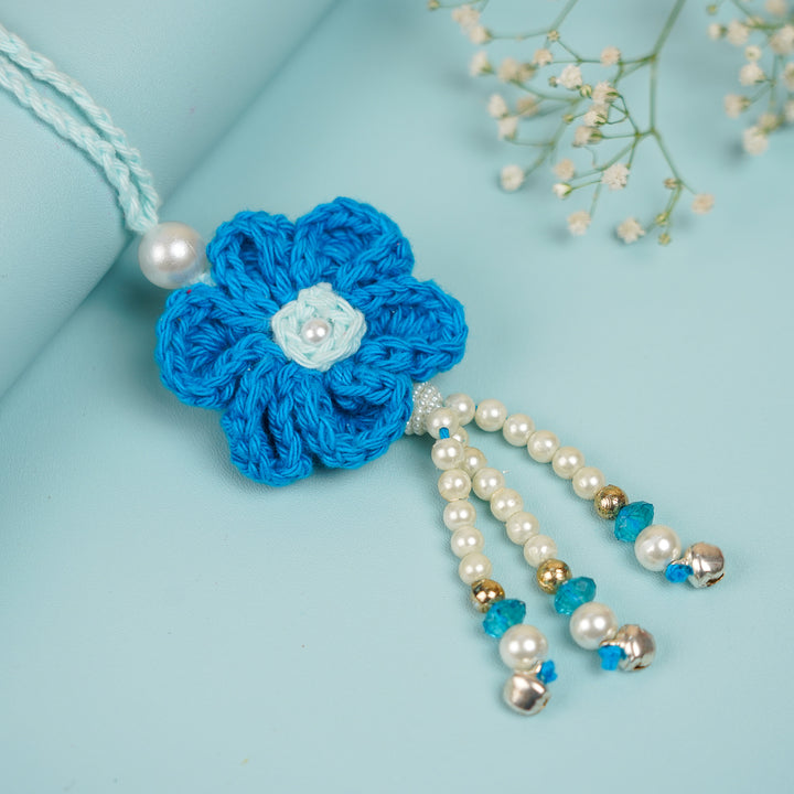 Customized Handmade Crochet Rubi Petal Floral Rakhi With Roli Chawal For Brother - Angled Product Placement (5)