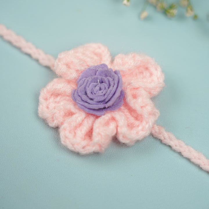 Handmade Crochet Blush Bloom Rakhi With Roli Chawal - Pink Flower Rakhi Close-up