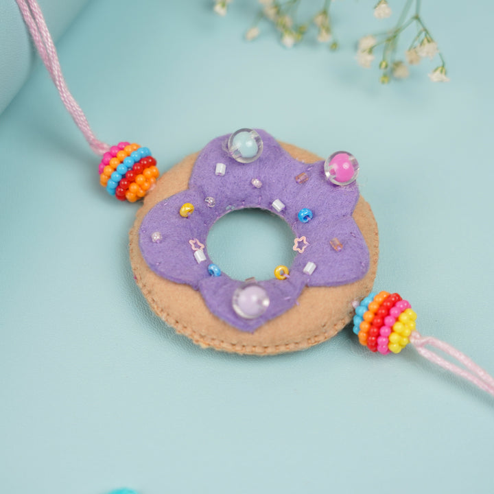 Handmade Doughnut Theme Felt Rakhi With Roli Chawal - Close-up Front View (6)