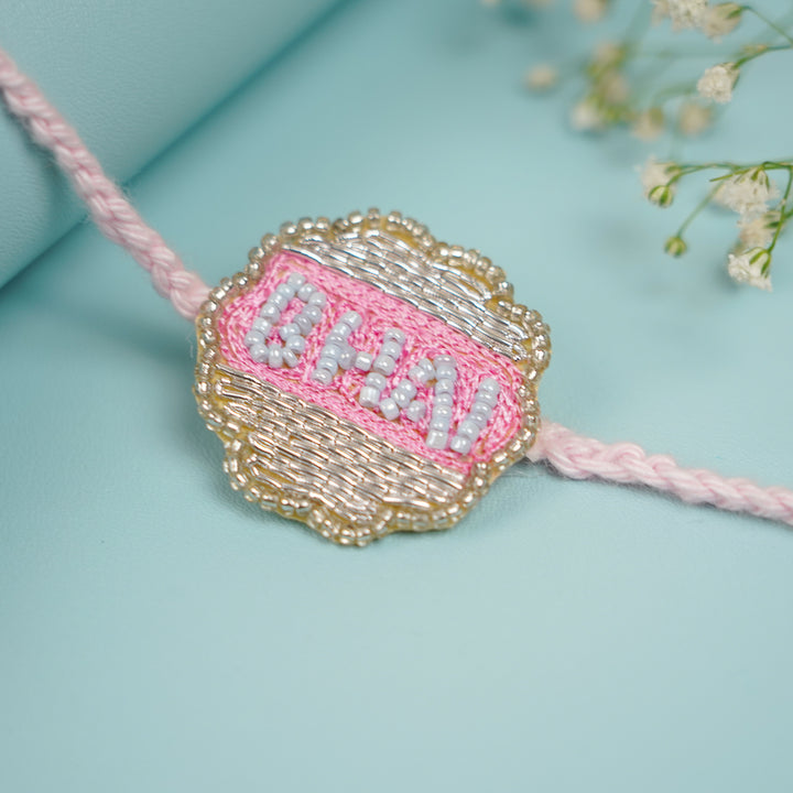 Customized Handmade Beaded Bhai Rakhi With Roli Chawal For Brother - Detailed Rakhi beadwork view
