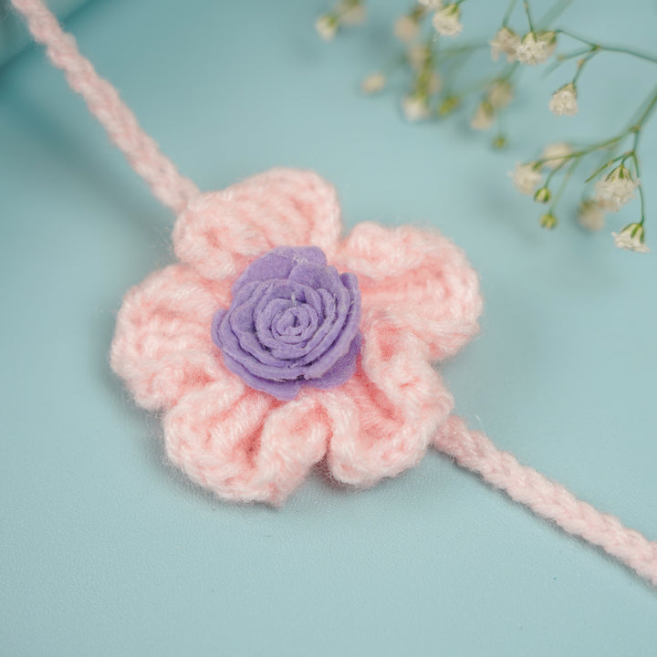 Handmade Crochet Blush Bloom Rakhi With Roli Chawal - Pink Flower Rakhi Detailed View