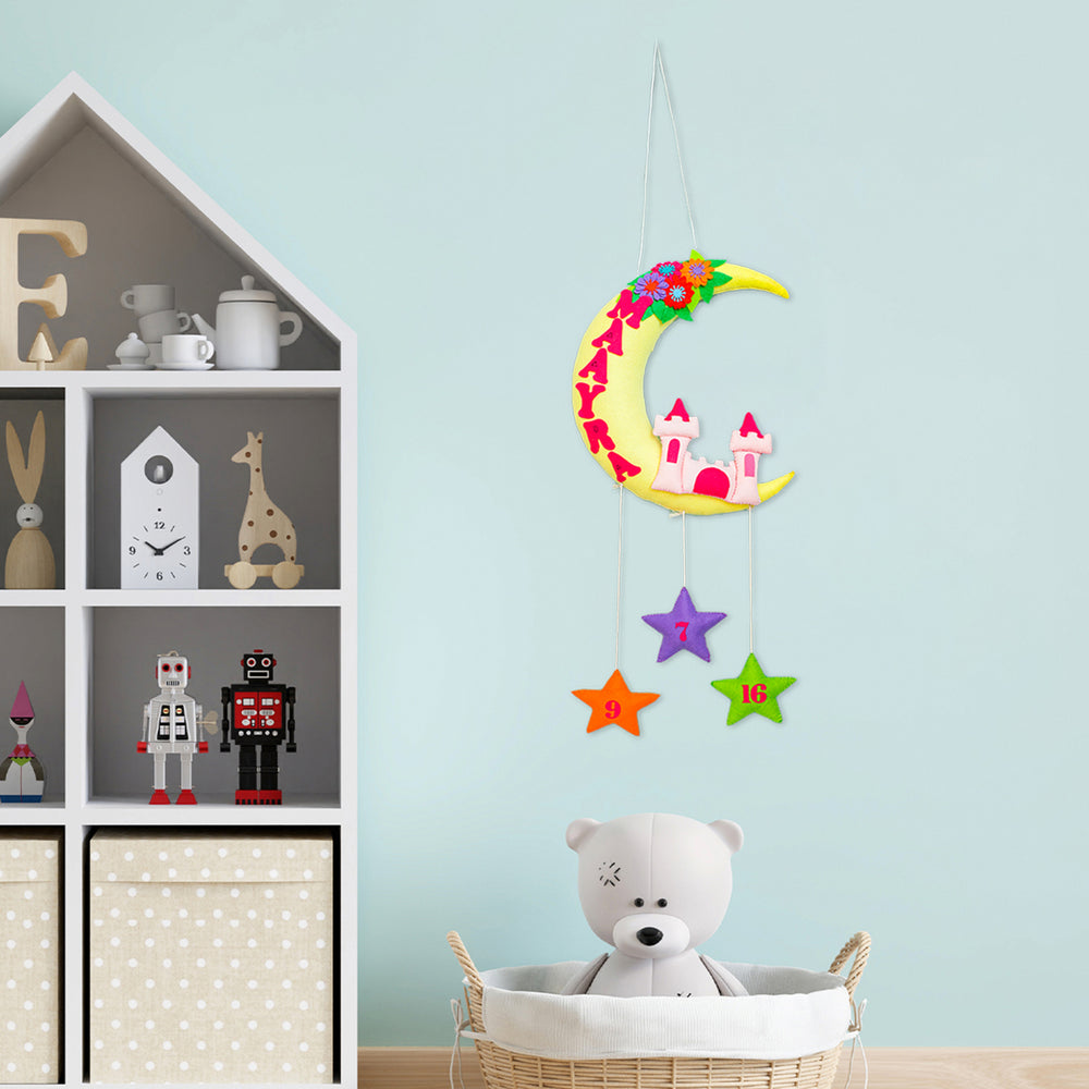 Handmade Castle On The Moon Kids Felt Name Hanging With Birthdate 1 - Hanging on Nursery Wall Display
