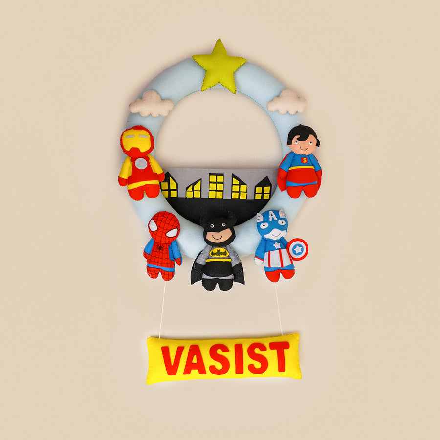 Handmade Personalized Superhero Themed Felt Kids Name Hanging - Front View Hanging Name Display