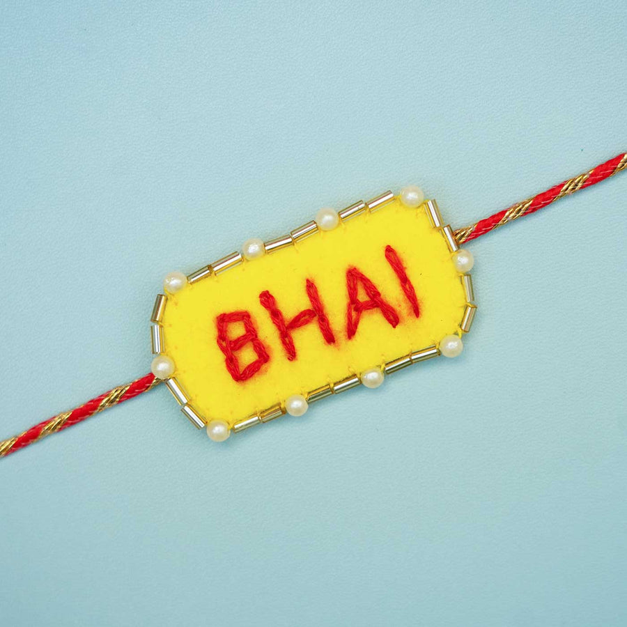 Handmade Bhai Felt Rakhi With Roli Chawal - Front Close-up