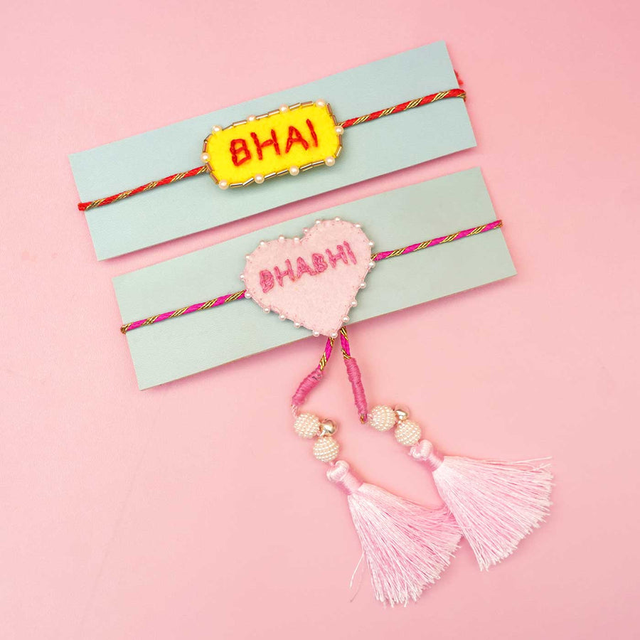 Handmade Felt Bhaiya Bhabhi Rakhi With Roli Chawal Set Of 2 - Pair Display on Cards