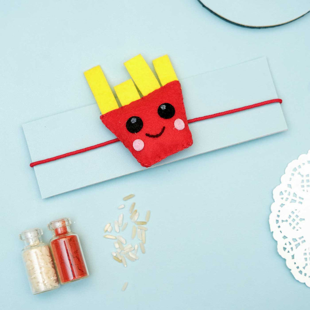 Handmade French Fries Felt Rakhi With Roli Chawal - Rakhi on Display Card