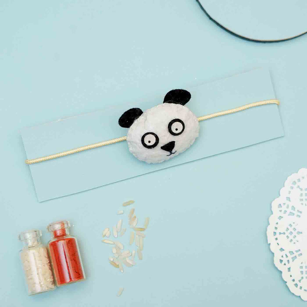 Handmade Panda Felt Rakhi With Roli Chawal - Panda Rakhi on Display Card