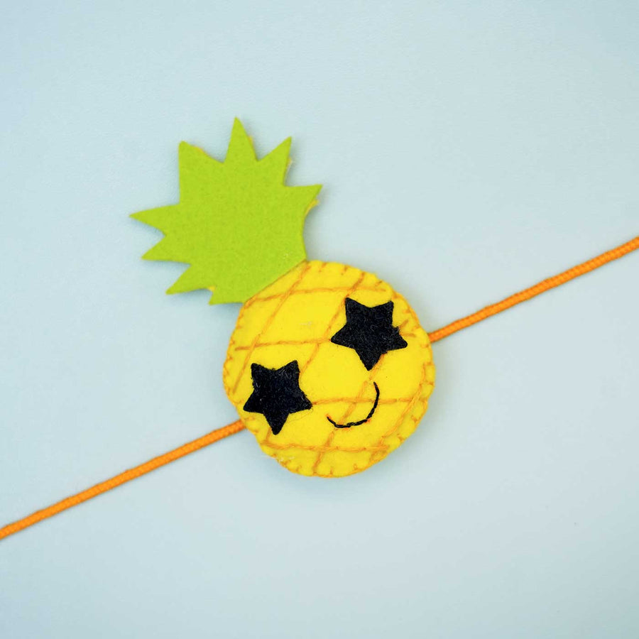Handmade Pineapple Felt Rakhi With Roli Chawal - Single Pineapple Rakhi Front View