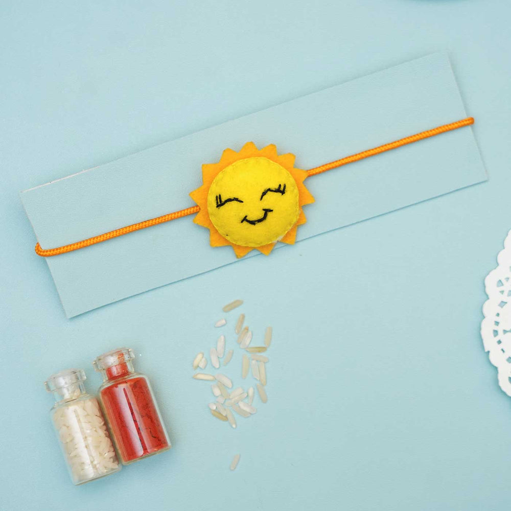 Handmade Sun Felt Rakhi With Roli Chawal - Sun Rakhi on Envelope