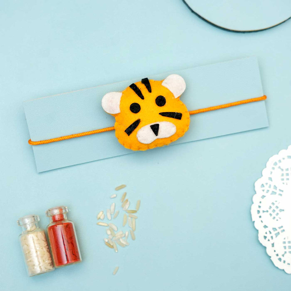 Handmade Tiger Felt Kids Rakhi With Roli Chawal - Tiger Rakhi on Envelope
