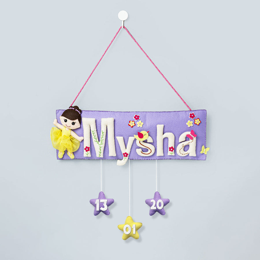 Handcrafted Doll Themed Rectangle Felt Name Plate For Kids - Hanging Front View with Name Personalization
