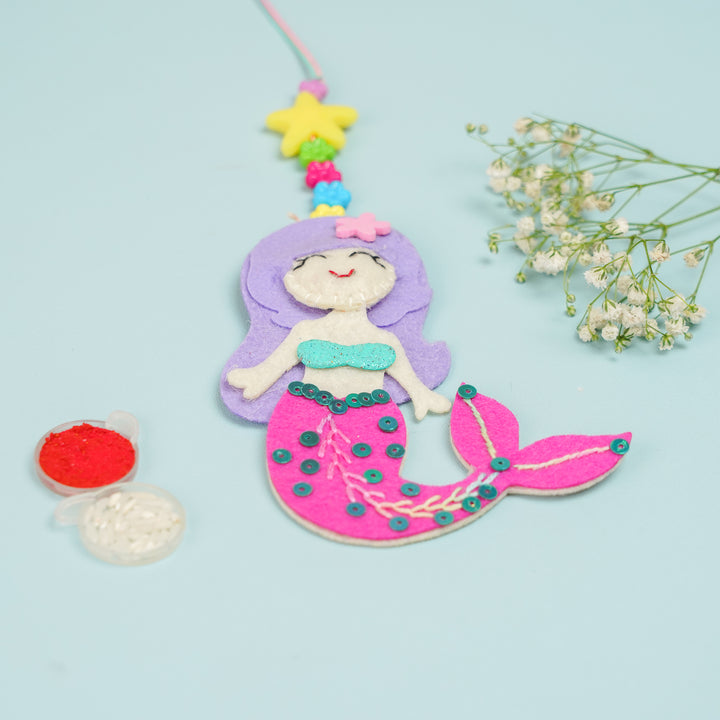 Handmade Mermaid Theme Felt Kids Lumba Rakhi For Girls With Roli Chawal - Display with Craft Supplies (4)