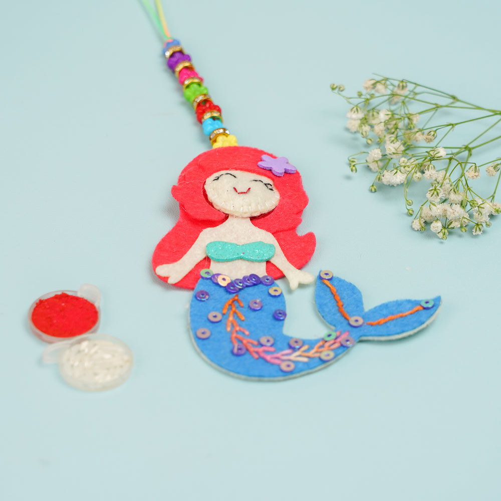 Handmade Mermaid Theme Felt Kids Lumba Rakhi For Girls With Roli Chawal - Display with Craft Supplies