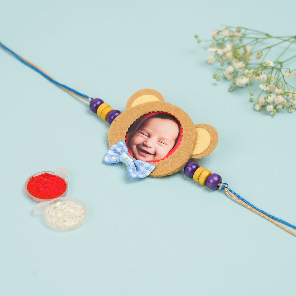 Photo Personalized Resuable Beaded Teddy Theme Felt Kids Rakhi With Roli Chawal - Bracelet with Rakhi Essentials