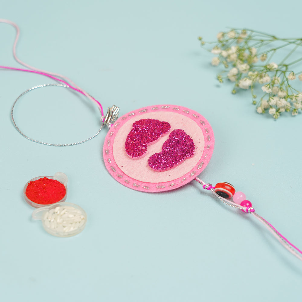 Handmade Baby Feet Theme Felt Kids Rakhi With Roli Chawal - Full View with Accessories