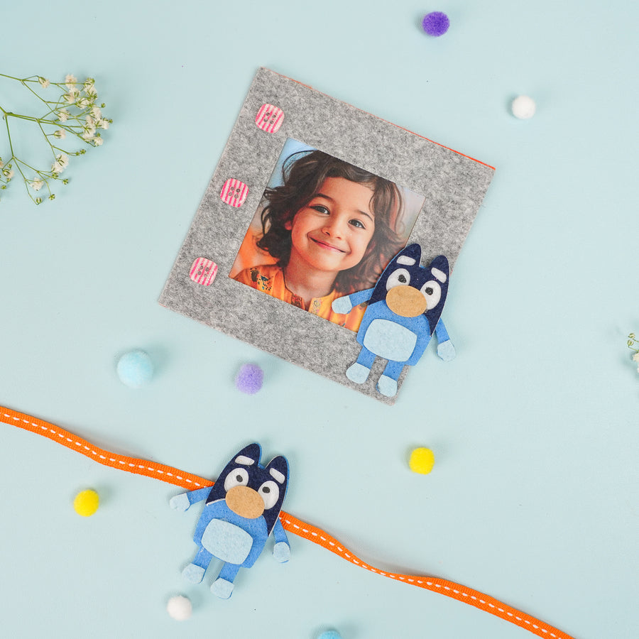 Photo Personalized Bluey Theme Felt Rakhi Hamper With Roli Chawal Includes 1 Magnetic Photo Frame 1 Rakhi - Photo Frame and Character Toy