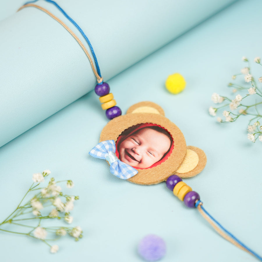 Photo Personalized Resuable Beaded Teddy Theme Felt Kids Rakhi With Roli Chawal - Close-up of Personalized Bracelet