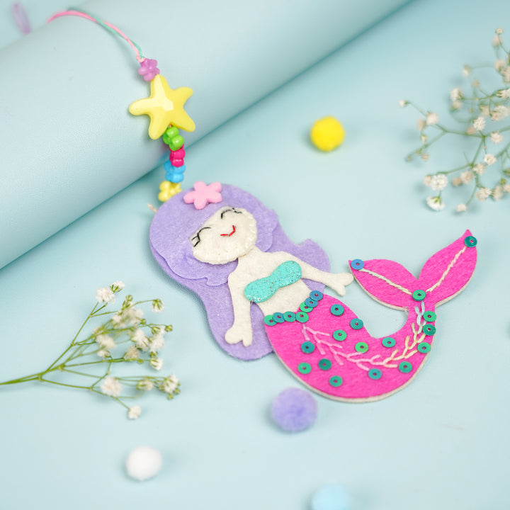 Handmade Mermaid Theme Felt Kids Lumba Rakhi For Girls With Roli Chawal - Front View