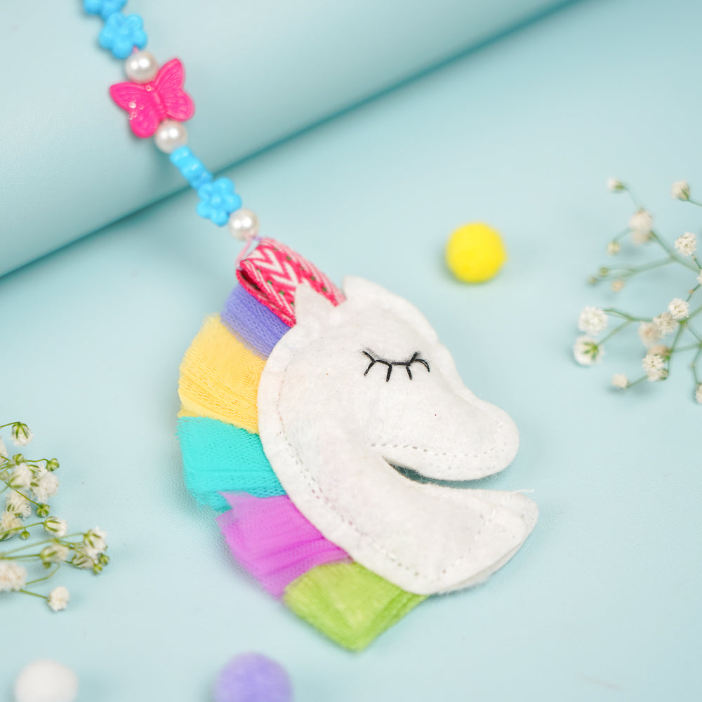 Handmade Unicorn Theme Felt Kids Lumba Rakhi For Girls With Roli Chawal - Side View Showing Unicorn Details